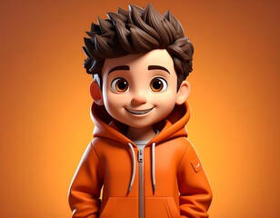 Animated boy in orange hoodie, smiling against a warm orange background