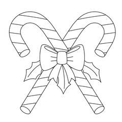 Simple black and white line art drawing featuring two crossed, striped candy canes tied together with a festive bow and holly leaves. Perfect outline for coloring books, holiday crafts, 