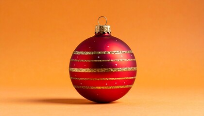 red Christmas ornament with gold stripes and snow specks on warm orange background