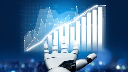 A futuristic robotic hand presents data graphs, illustrating advancements in technology and artificial intelligence, reflecting growth and innovation in a digital landscape. Copula
