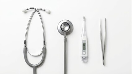 Healthcare Essentials Flat Lay: Stethoscope, Digital Thermometer, and Surgical Forceps on a Pristine White Background, Top View
