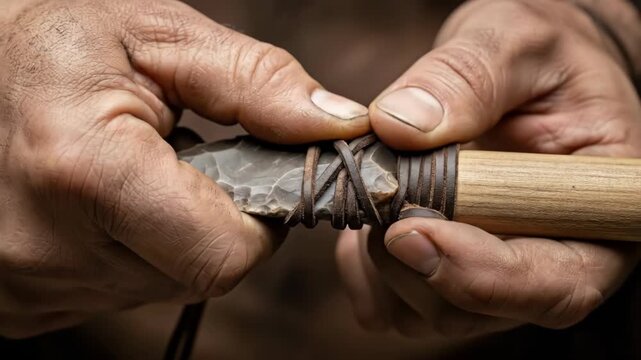 Crafting a primitive stone knife: detailed closeup of skilled hands wrapping flint blade