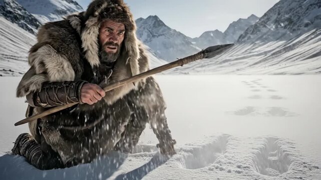 Hunter tracking prey in winter mountains