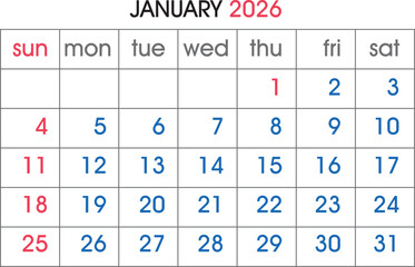 January 2026 Calendar Grid With Days Of The Week And Numbers planner