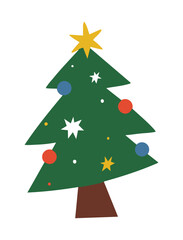 Simple cartoon Christmas tree with ornaments and star on white background illustration