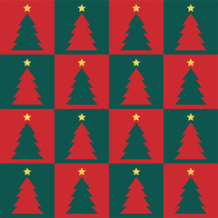 Seamless pattern of red and green squares with Christmas trees background
