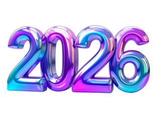 Holographic 3D 2026 Text with Iridescent Gradient and Futuristic Chrome-Glass Style on White Background
