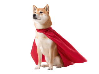 Cute Shiba Inu dog dressed as superhero with red cape and confident pose