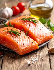 Close-up shot of two vibrant salmon fillets, seasoned with herbs and peppercorns, arranged on a plate with garnishes. Background features tomatoes, garlic, and oil