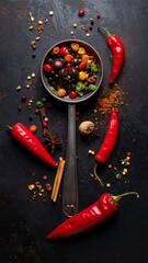 Close-up shot of various spices & chili peppers around a ladle filled with mixed ingredients on a dark, textured surface