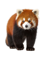 Obraz premium Adorable young red panda with thick orange and black fur, big round eyes, and white facial markings, standing on a white background in a close-up shot