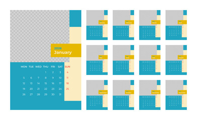 2032 Desk Calendar Template with Photo Space Portrait Format. Week Starts on Monday