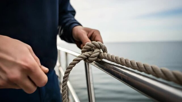 Hands tying nautical rope with steady focused mood securing knot against calm open sea background