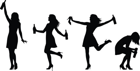Drunk women silhouette set, celebrating girls having fun, party alcoholism problem, friend group enjoying night out, isolated vector illustration