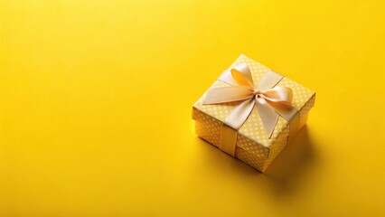 A small yellow gift box with a gold ribbon rests on a bright yellow background, suggesting celebration and joy