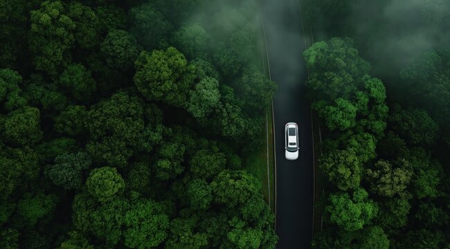 Journey Through Lush Green Canopy: A solitary car navigates a winding road, its path carved through a dense forest of vibrant green trees, the scene cloaked in a tranquil, atmospheric fog. - Powered by Adobe