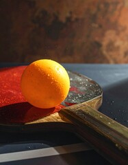 Close-up shot showcases a wet, orange sphere atop a reddish paddle. The paddle rests on a blue surface, against a dark, textured backdrop