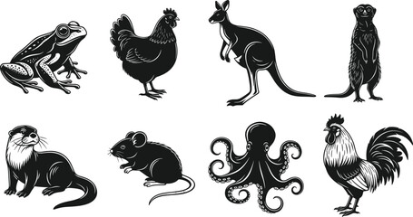 Frog, Chicken, Kangaroo, Meerkat, Otter, Mouse, Octopus, Rooster for Nature and Farm Designsv © MstJahanara