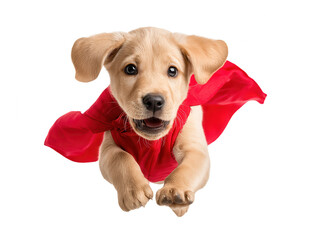 Adorable golden Labrador puppy wearing a red cape, running playfully toward the camera with a happy expression, on a white background, highlighting