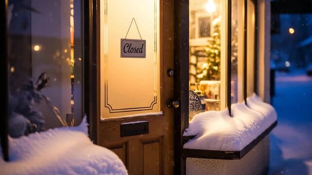 Closed shop entrance in cozy winter style, warm golden lights and snowy street atmosphere representing holiday season and business closure