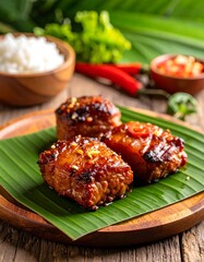 Close-up shot showcases three grilled pieces of dark meat on a banana leaf atop a wooden plate. White rice sits close by