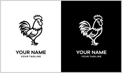 Stylized rooster line art logo design presented in both black on white and white on black versions with placeholder text.