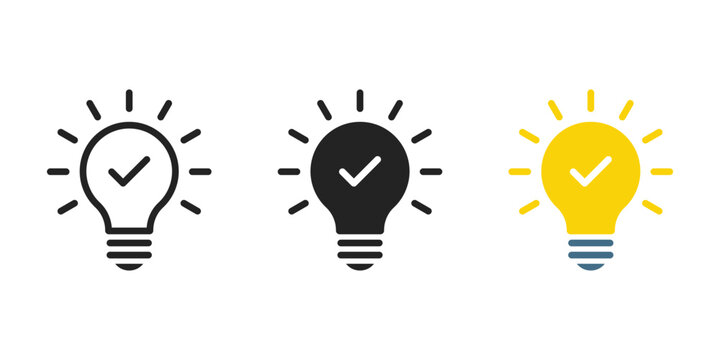 Innovation light bulb vector design. Bulb with checkmark icon vector. Light bulb ideas and creativity.