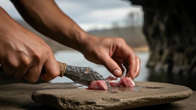 Primitive tool use: handcarved stone knife slicing meat outdoors by the lake