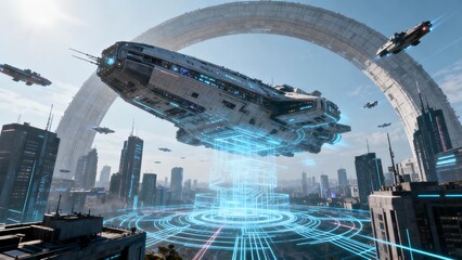 Aerial view of ultra-wide-angle holographic projection technology lines, a super huge unmanned future city landscape with a shocking impact.