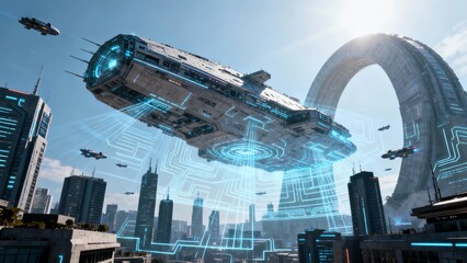 Aerial view of ultra-wide-angle holographic projection technology lines, a super huge unmanned future city landscape with a shocking impact.