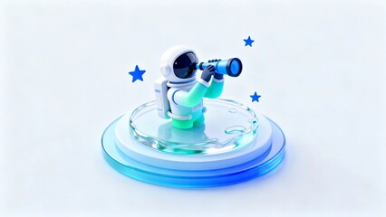 Design an isometric perspective, a cartoon model of an astronaut holding a telescope on a circular base with a light blue gradient unit element icon