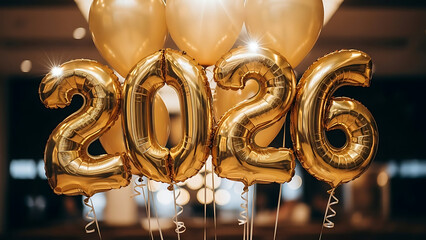 Golden 2026 Balloons for New Year Celebration on Blurred Festive Background