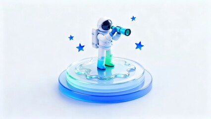 Design an isometric perspective, a cartoon model of an astronaut holding a telescope on a circular base with a light blue gradient unit element icon