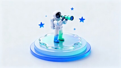 Design an isometric perspective, a cartoon model of an astronaut holding a telescope on a circular base with a light blue gradient unit element icon