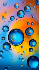 Close-up shot with water droplets reflecting a colorful abstract background, creating a mesmerizing optical illusion