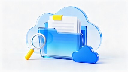 Minimalist style, high-tech 3D blue transparent glass material office theme related icons.