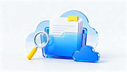 Minimalist style, high-tech 3D blue transparent glass material office theme related icons.