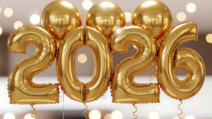Gold 2026 New Year Celebration Balloons on Blurred Light Background
