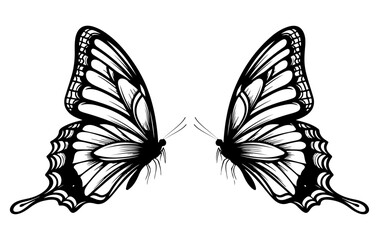 A collection of six stylized, black and white monarch butterfly silhouettes, suitable for design templates, logos, backgrounds, and nature-themed projects.