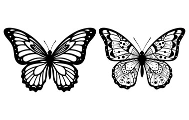 A collection of six stylized, black and white monarch butterfly silhouettes, suitable for design templates, logos, backgrounds, and nature-themed projects.