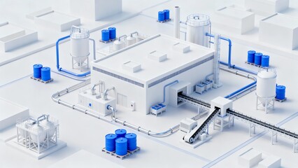 Rendering, isometric view, industrial scene, the main subject of the picture is a modern factory with white buildings and various industrial equipment.
