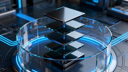 Use dark metal or glass to present the structure of the image content with a strong three-dimensional perspective, and accurately display it through the flow chart