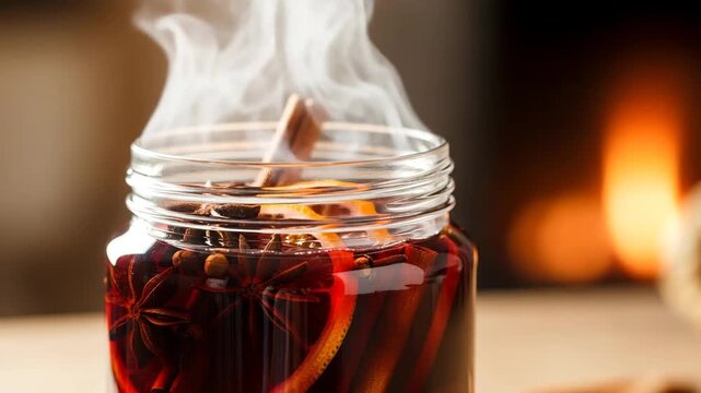 Hot spiced beverage in rustic style, warm amber tones, winter comfort drink against cozy fireplace background