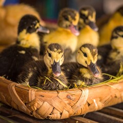 Close-up showcases a group of fluffy ducklings nestled together in a woven basket, basking in soft lighting