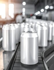 Close-up showcases a line of metallic beverage containers moving along an industrial conveyor belt within a large facility