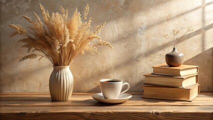 Serene Still Life Dried Flowers in Vase, Coffee Cup, and Stack of Books on Wooden Table