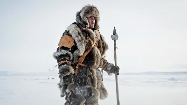 Arctic explorer in traditional fur attire traverses frozen tundra with spear