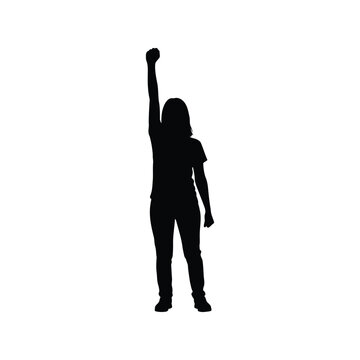 Female activist silhouette with raised fist, woman power protest symbol vector illustration