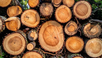 Close-up showcases a pile of freshly cut tree logs with visible growth rings and varied textures, illuminated by natural sunlight
