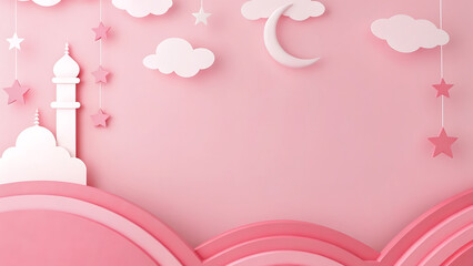 Pink islamic background with mosque crescent moon stars and clouds